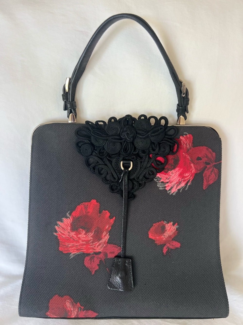 PRADA Black and Red Rose Floral Top Handle Bag Clochette Keys Silver Hardware - Picture 9 of 16